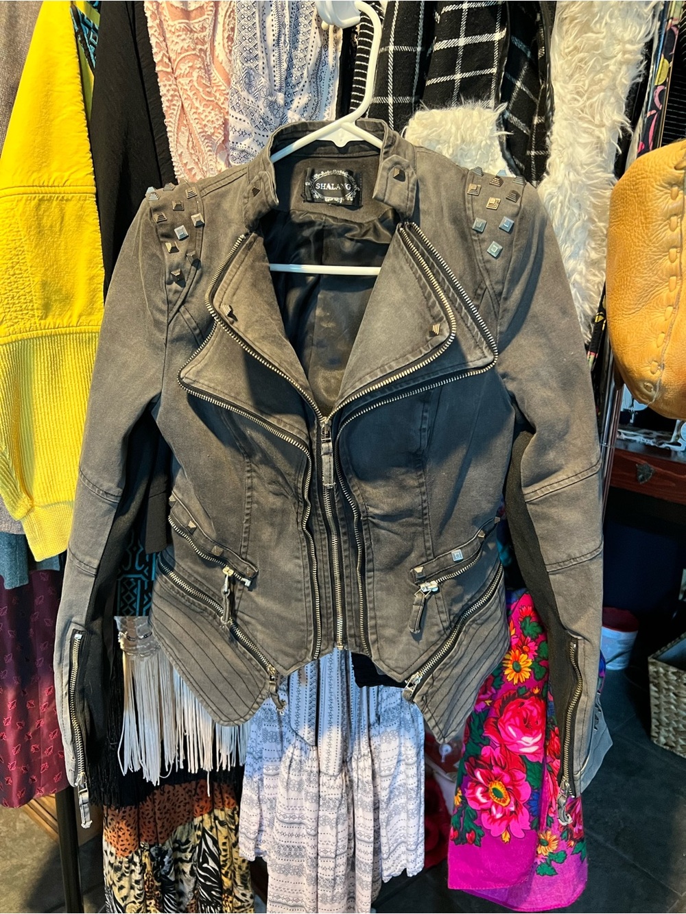 Studded Asymmetric Moto Jacket - Gray